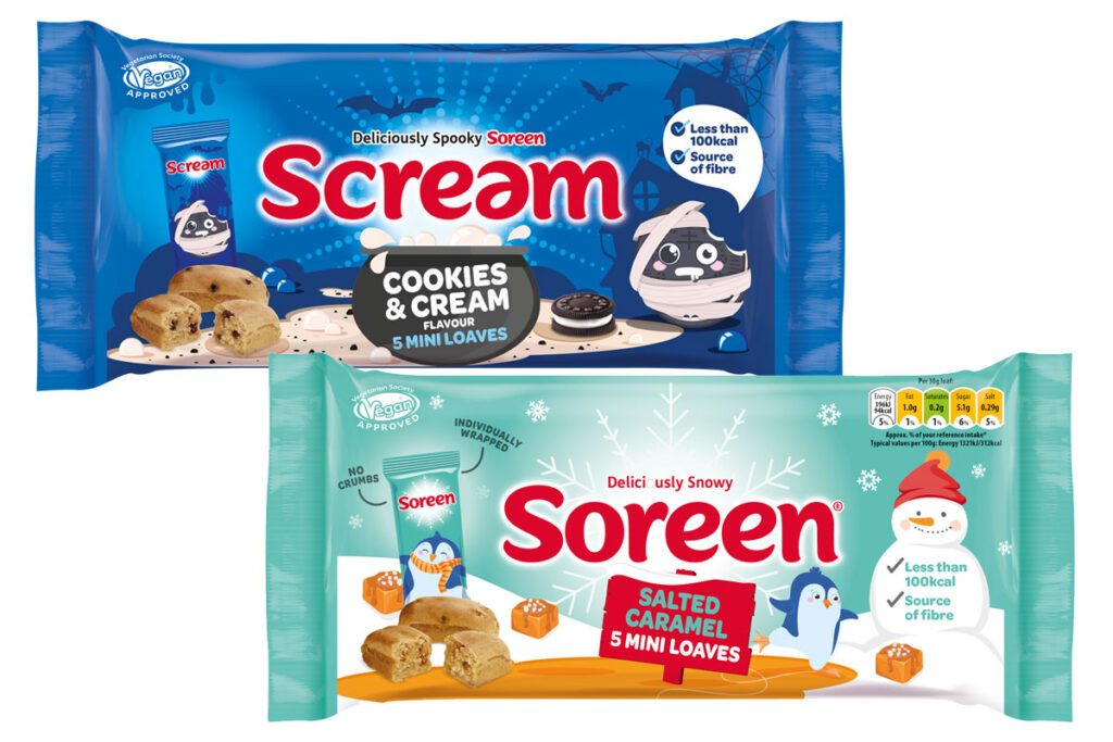 Pack shots of Soreen seasonal packs including the Halloween Cookies & Cream and Christmas Salted Caramel packs.