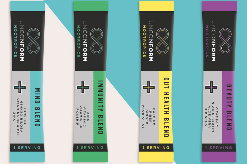 Pack shots of Unconform functional sachets against a multicoloured background.