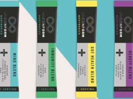 Pack shots of Unconform functional sachets against a multicoloured background.