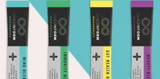 Pack shots of Unconform functional sachets against a multicoloured background.