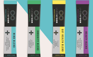 Pack shots of Unconform functional sachets against a multicoloured background.
