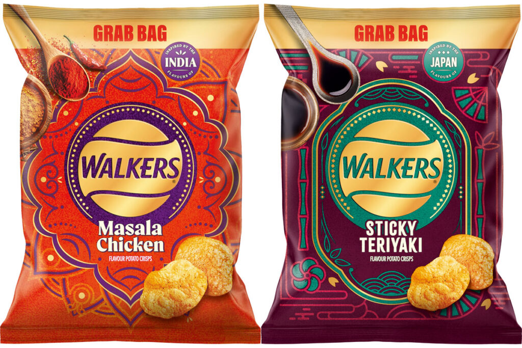 Pack shots of Walkers Masala Chicken and Sticky Teriyaki flavoured crisps.
