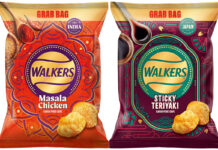 Pack shots of Walkers Masala Chicken and Sticky Teriyaki flavoured crisps.