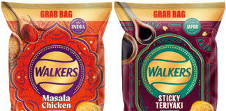 Pack shots of Walkers Masala Chicken and Sticky Teriyaki flavoured crisps.