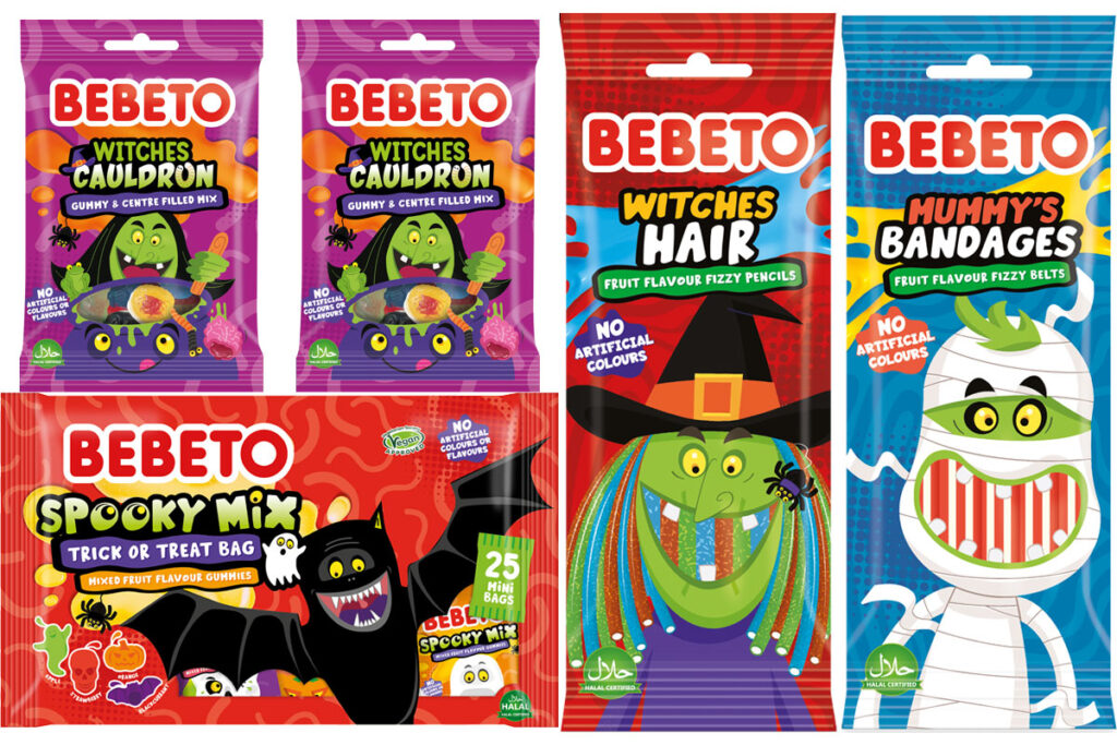 Pack shots of Bebeto's Halloween 2025 range including Spooky Mix Trick or Treat Bag, Witches Hair, Witches Hair, Witchers Cauldron and Mummies Bandages.