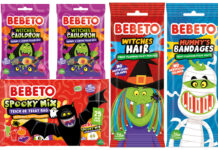 Pack shots of Bebeto's Halloween 2025 range including Spooky Mix Trick or Treat Bag, Witches Hair, Witches Hair, Witchers Cauldron and Mummies Bandages.
