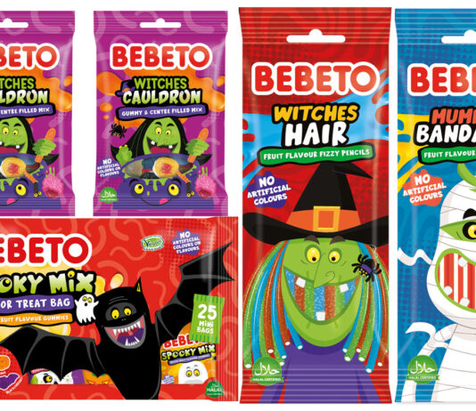 Bebeto brings some spooktacular sales with Halloween sweets range Pack shots of Bebeto's Halloween 2025 range including Spooky Mix Trick or Treat Bag, Witches Hair, Witches Hair, Witchers Cauldron and Mummies Bandages.