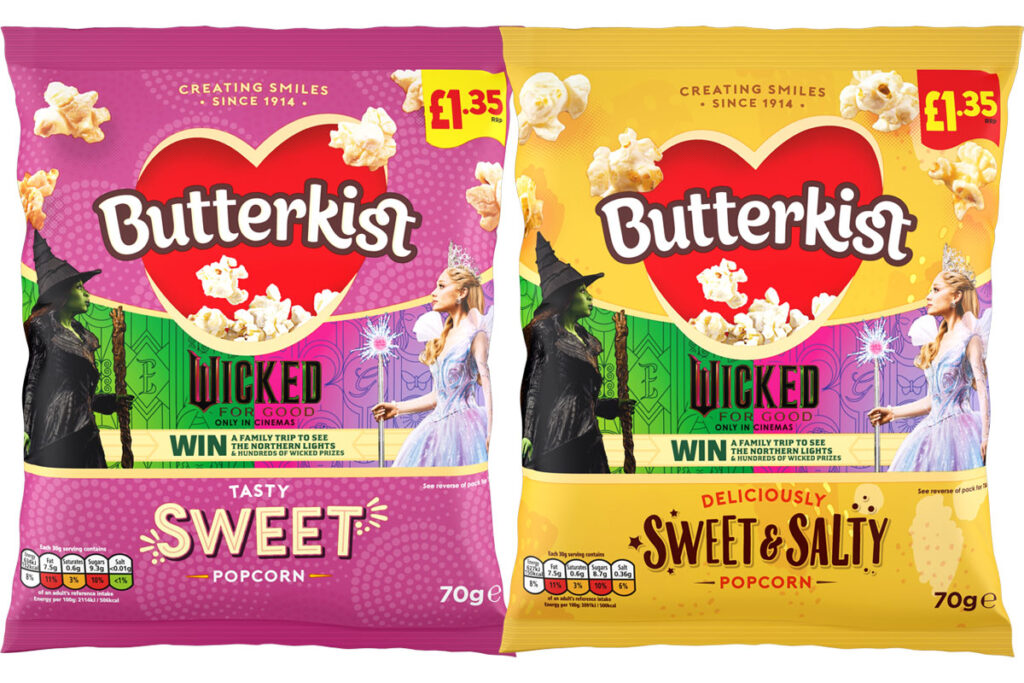 Pack shots of Butterkist Sweet and Sweet & Salty variants with the Wicked For Good 2025 promotion on packs.