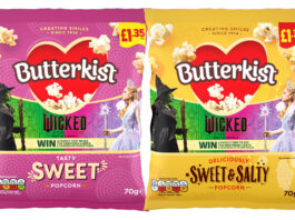 Butterkist stays Wicked For Good as promo returns Pack shots of Butterkist Sweet and Sweet & Salty variants with the Wicked For Good 2025 promotion on packs.