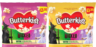 Pack shots of Butterkist Sweet and Sweet & Salty variants with the Wicked For Good 2025 promotion on packs.
