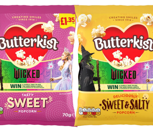 Butterkist stays Wicked For Good as promo returns Pack shots of Butterkist Sweet and Sweet & Salty variants with the Wicked For Good 2025 promotion on packs.
