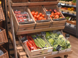 Food inflation sees no reprieve in ONS figures Fresh fruit and veg display making use of wooden boxes.