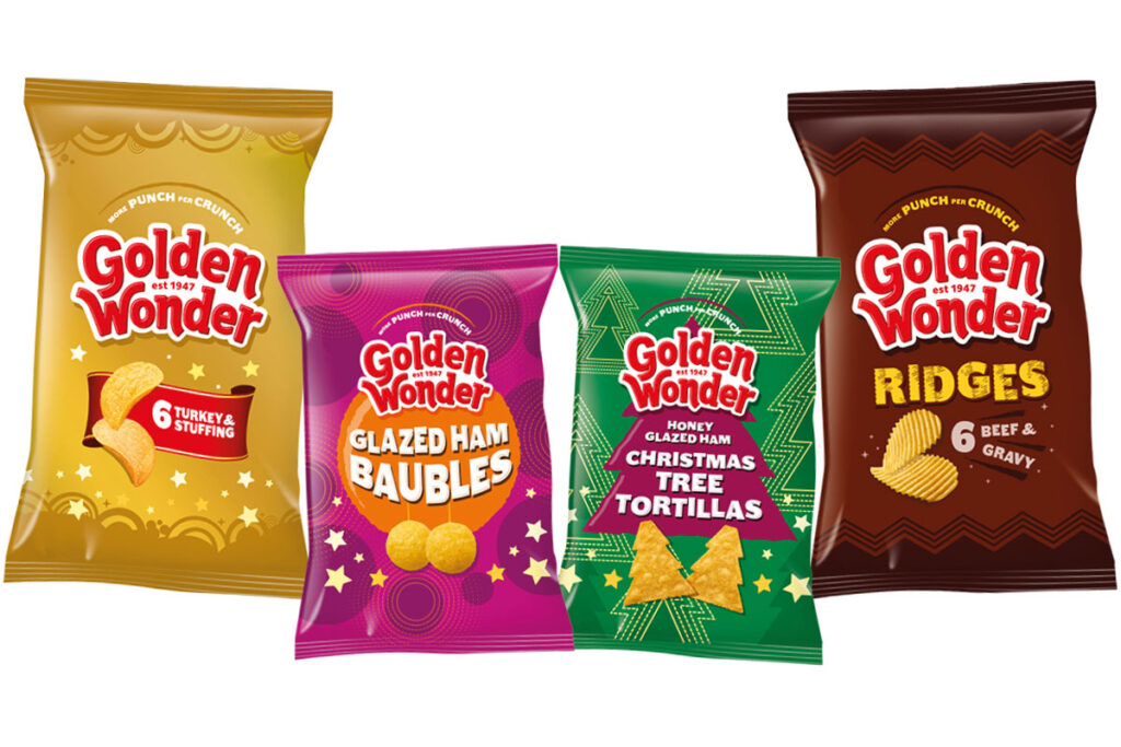 Pack shots of Golden Wonder's festive range for 2025 including Turkey & Stuffing, Glazed Ham Baubles, Honey Glazed Ham Christmas Tree Toritillas and Beef & Gravy Ridges.