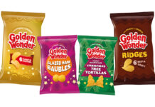 Pack shots of Golden Wonder's festive range for 2025 including Turkey & Stuffing, Glazed Ham Baubles, Honey Glazed Ham Christmas Tree Toritillas and Beef & Gravy Ridges.