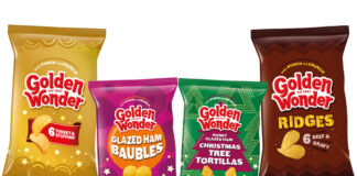 Pack shots of Golden Wonder's festive range for 2025 including Turkey & Stuffing, Glazed Ham Baubles, Honey Glazed Ham Christmas Tree Toritillas and Beef & Gravy Ridges.