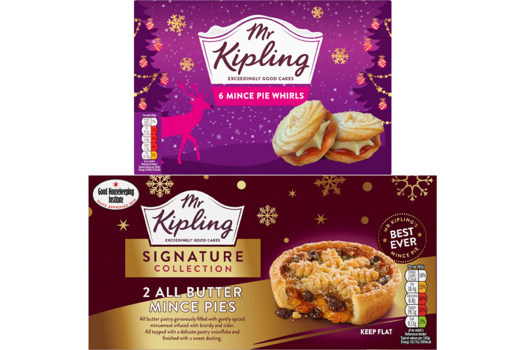 Pack shots of Mr Kipling Signature Collection All Butter Mince Pies and Mr Kipling Mince Pie Wheels.