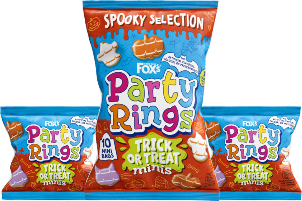 Pack shots of Fox's Party Rings Trick or Treat Minis including multipack formats and single packs.