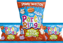 Pack shots of Fox's Party Rings Trick or Treat Minis including multipack formats and single packs.