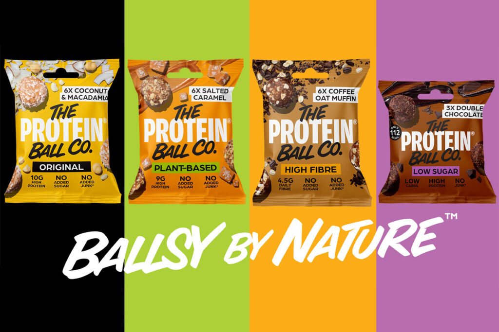 Packshots of The Protein Ball Co range with black, green, orange and purple colours in the background. The brand's tagline 'Ballsy by Nature' sits underneath the packshots.