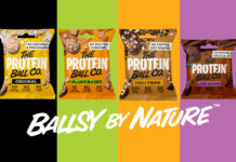Packshots of The Protein Ball Co range with black, green, orange and purple colours in the background. The brand's tagline 'Ballsy by Nature' sits underneath the packshots.