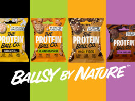 Packshots of The Protein Ball Co range with black, green, orange and purple colours in the background. The brand's tagline 'Ballsy by Nature' sits underneath the packshots.