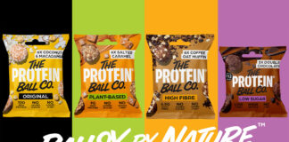 Packshots of The Protein Ball Co range with black, green, orange and purple colours in the background. The brand's tagline 'Ballsy by Nature' sits underneath the packshots.