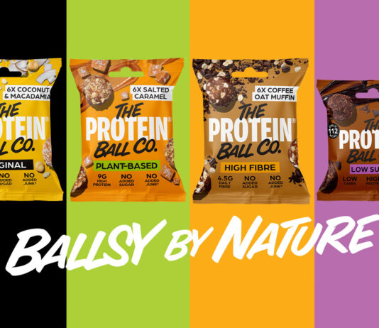 The Protein Ball Co sets out new marketing stint Packshots of The Protein Ball Co range with black, green, orange and purple colours in the background. The brand's tagline 'Ballsy by Nature' sits underneath the packshots.