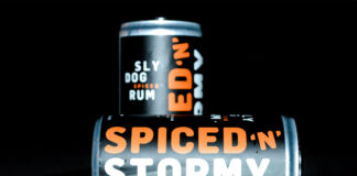 Cans of Sly Dog Rum Spiced 'n' Stormy cans against a black background.