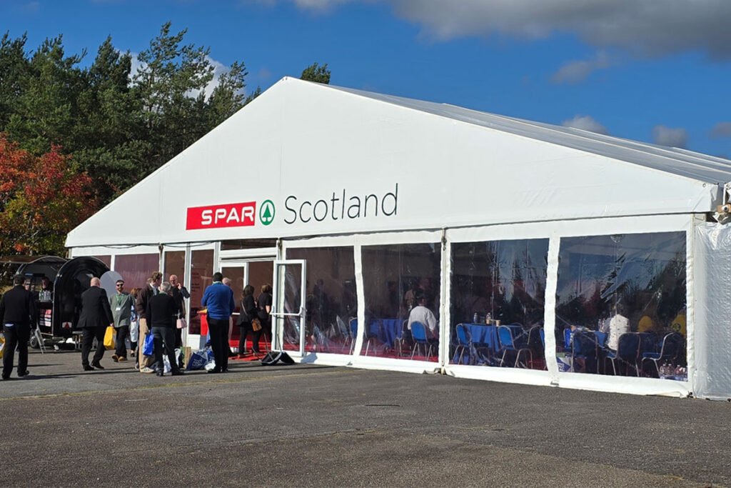 The Spar Tradeshow event tent in Aviemore.