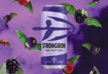 Halloween advert for Strongbow cider featuring its Dark Fruit variant with fruit in the background that have jaggy leaves attached made to look like bat wings.