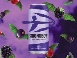Heineken launches Halloween marketing for Strongbow Halloween advert for Strongbow cider featuring its Dark Fruit variant with fruit in the background that have jaggy leaves attached made to look like bat wings.