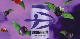 Halloween advert for Strongbow cider featuring its Dark Fruit variant with fruit in the background that have jaggy leaves attached made to look like bat wings.