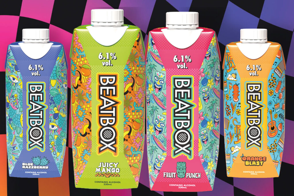 Pack shots of Beatbox RTD carton packs including Blue Razzberry, Juicy Mango, Orange Blast and Fruit Punch with a wavy purple and black square background behind them.