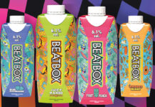 Red Star Brands launches BeatBox RTDs to the UK Pack shots of Beatbox RTD carton packs including Blue Razzberry, Juicy Mango, Orange Blast and Fruit Punch with a wavy purple and black square background behind them.