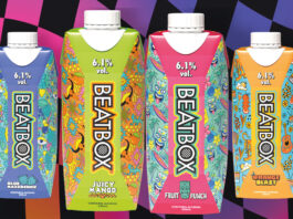 Red Star Brands launches BeatBox RTDs to the UK Pack shots of Beatbox RTD carton packs including Blue Razzberry, Juicy Mango, Orange Blast and Fruit Punch with a wavy purple and black square background behind them.