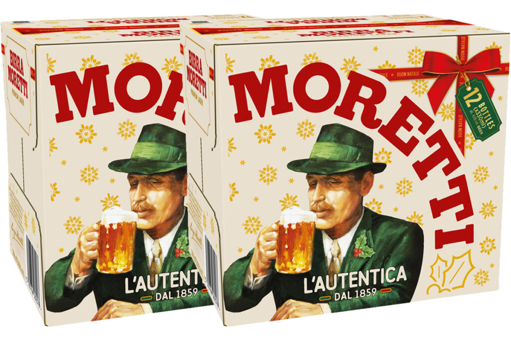 Packs of Birra Moretti 12-packs with the 2025 festive design.