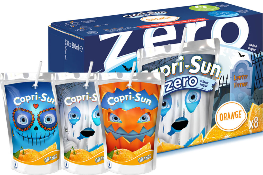 Pack shots of Capri Sun Zero Orange with themed Halloween designs for 2025 with individual pouches showcasing the limited edition looks.