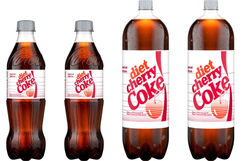 Pack shots of the relaunched Diet Coke Cherry featuring the classic Diet Coke Cherry design.