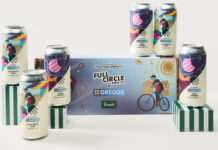 Cans of Greggs beer are stacked around the box the brews come packaged in including the Pink Jammie Pink Ale and the Gosforth 1939 Stottie Lager.