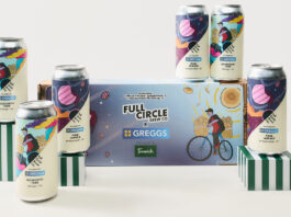 Greggs brews into the off-trade with a new range of beers Cans of Greggs beer are stacked around the box the brews come packaged in including the Pink Jammie Pink Ale and the Gosforth 1939 Stottie Lager.