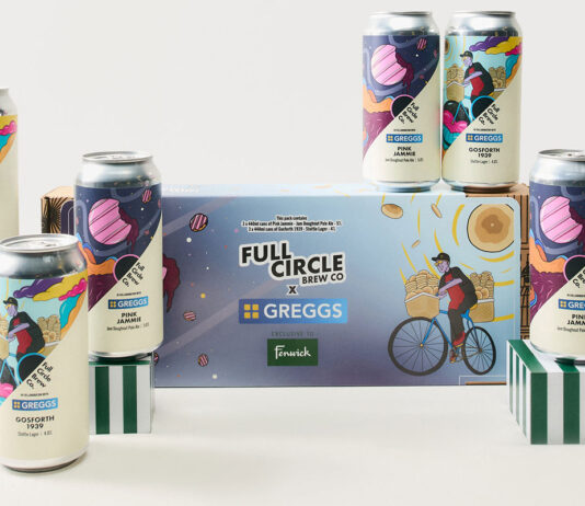 Greggs brews into the off-trade with a new range of beers Cans of Greggs beer are stacked around the box the brews come packaged in including the Pink Jammie Pink Ale and the Gosforth 1939 Stottie Lager.