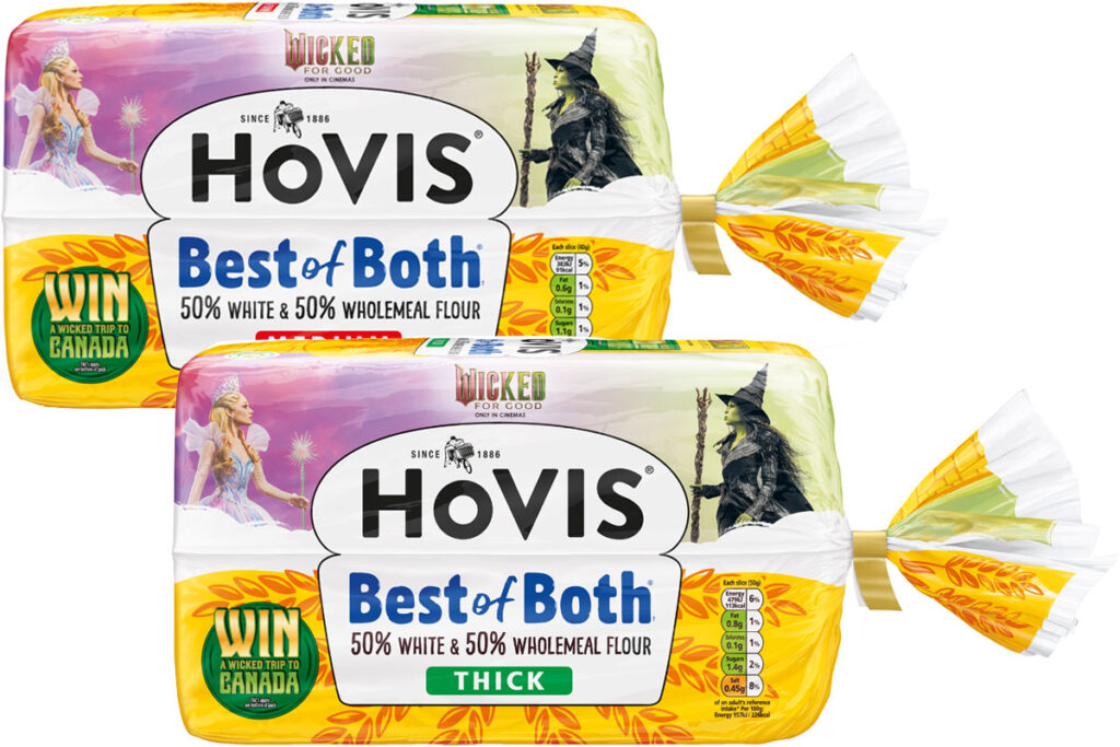 Pack shots of Hovis Best of Both with the Wicked For Good 2025 on pack promotion.