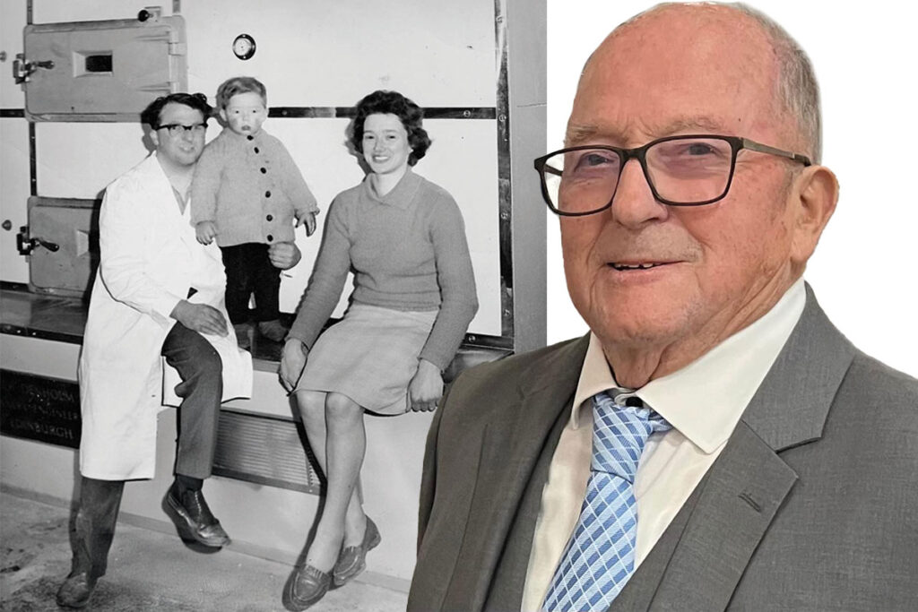 JG Ross founder, George Ross, next to an image from 1965 where the baker sits with his family.