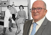 JG Ross founder, George Ross, next to an image from 1965 where the baker sits with his family.
