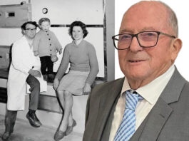 JG Ross founder, George Ross, next to an image from 1965 where the baker sits with his family.