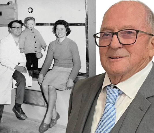 JG Ross founder marks 90th birthday JG Ross founder, George Ross, next to an image from 1965 where the baker sits with his family.