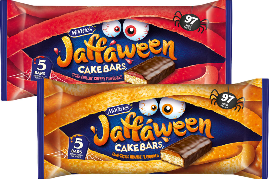 Pack shots of Jaffa Cakes Jaffaween Cake Bars in Cherry and Orange flavours.