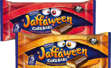 Pack shots of Jaffa Cakes Jaffaween Cake Bars in Cherry and Orange flavours.
