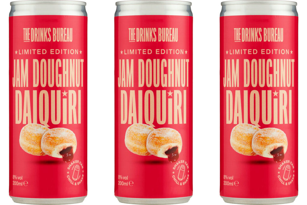 Pack shots of The Drinks Bureau Jam Doughnut Daiquiri cans.