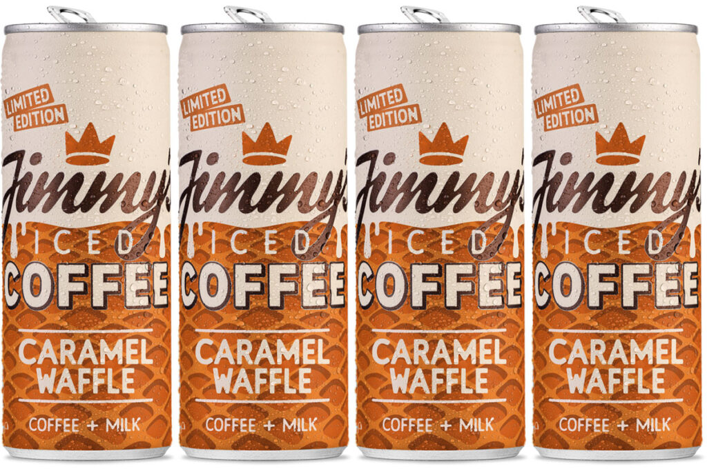 Pack shots of Jimmy's Iced Coffee Caramel Waffle limited edition cans.